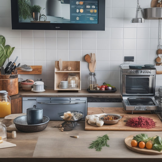 A modern kitchen with a laptop, tablet, and smartphone displaying various digital tools, surrounded by utensils, ingredients, and a few recipe books, with a subtle background of kitchen appliances and shelves.