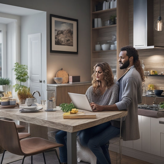 A modern kitchen with a large touchscreen tablet on the counter, surrounded by design books and utensils, with a 3D room layout on the screen and a couch in the background with a happy couple discussing design ideas.