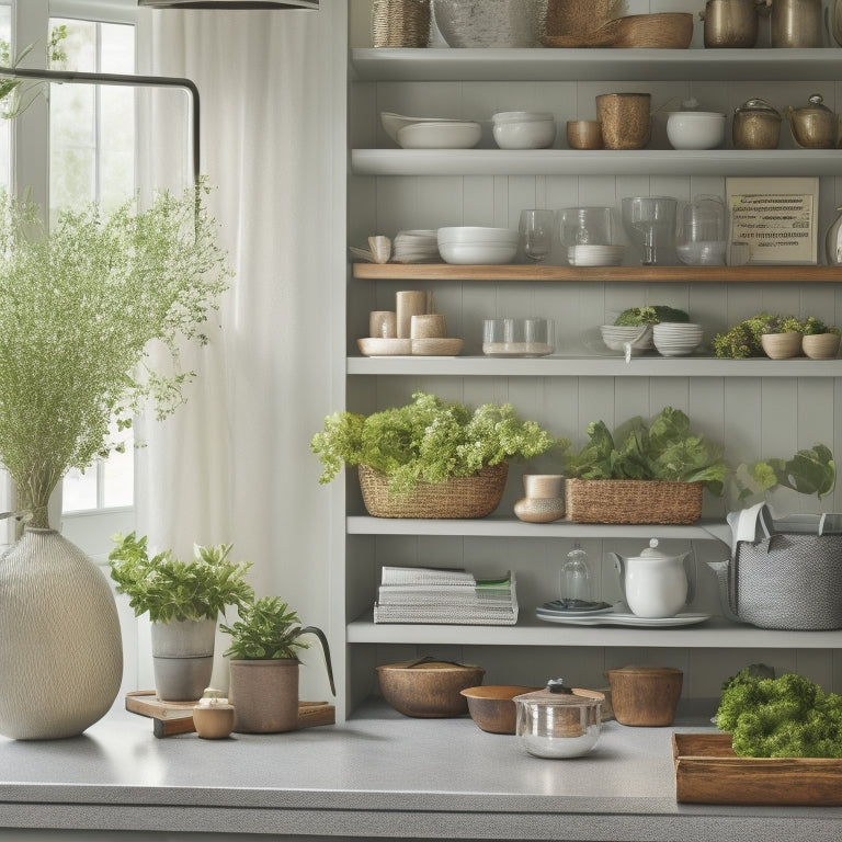 A serene, well-organized kitchen with a few, carefully selected cookbooks on a wooden shelf, a utensil organizer on the counter, and a single, elegant vase with fresh greens on the island.