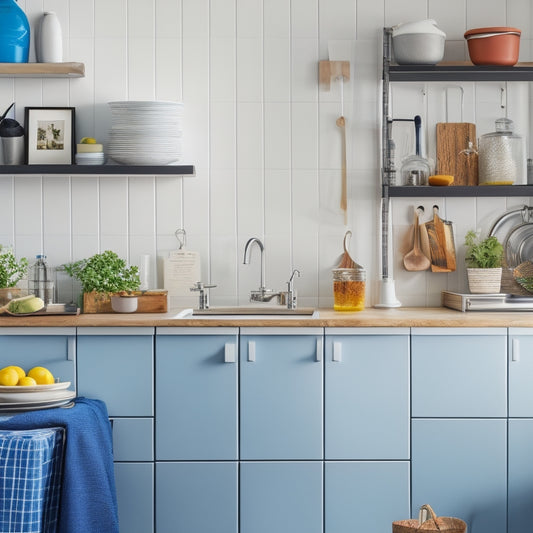 A bright, organized kitchen with a spotless countertop, a utensil organizer on the wall, a trash can with a recycling symbol, and a few stylishly arranged cookbooks on a shelf.