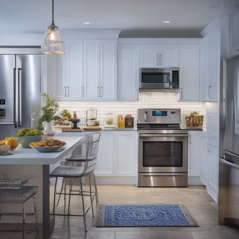 A well-lit, modern kitchen with sleek white cabinets, a large island, and a stainless steel refrigerator, featuring a laptop on the counter surrounded by organized cookbooks and a tidy utensil holder.