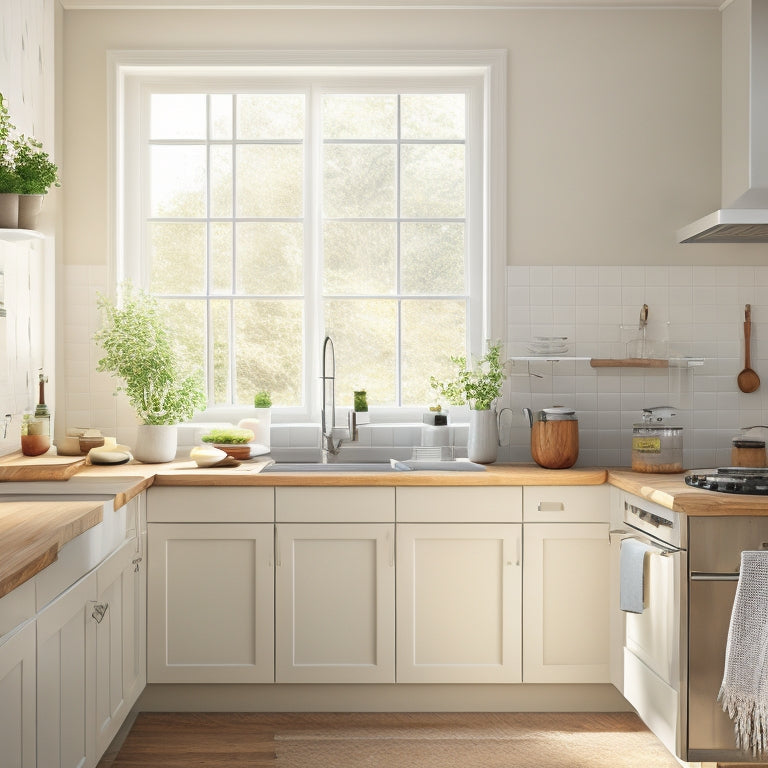 A serene kitchen with creamy white cabinets, warm wooden countertops, and a few, carefully-placed cooking utensils, surrounded by ample negative space and soft, natural light filtering through a window.