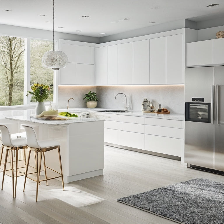 A stylish, modern kitchen with a small footprint, featuring a sleek white island, polished chrome accents, and a large, floor-to-ceiling digital display showcasing a rotating selection of artistic wallpapers.