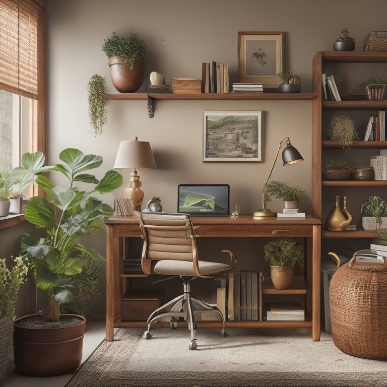 A warm and inviting illustration of a tidy home office with a wooden desk, surrounded by stacked books, binders, and folders, with a few decorative vases and a potted plant on a shelf.