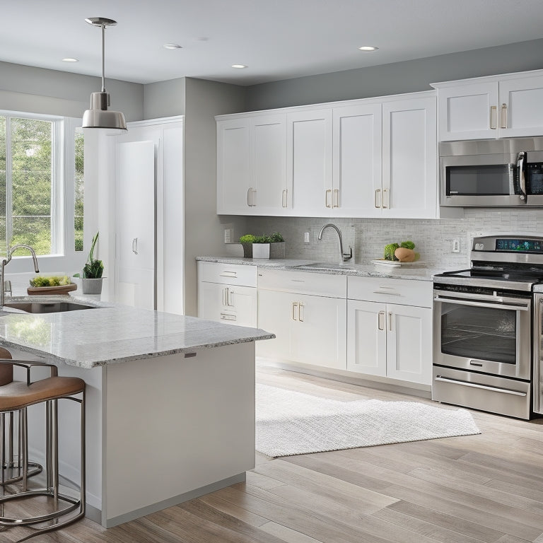 A bright, modern kitchen with sleek white cabinets, granite countertops, and stainless steel appliances, featuring a large island with a built-in cooktop and a digital tablet displaying a 3D design layout.