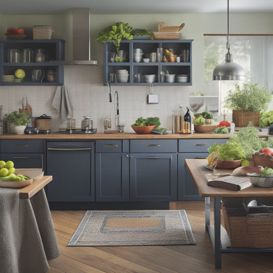 A tidy, modern kitchen with a large island, surrounded by organized utensils, cookbooks, and appliances, with a laptop and notebook on the counter, and a few fresh vegetables and herbs on the side.
