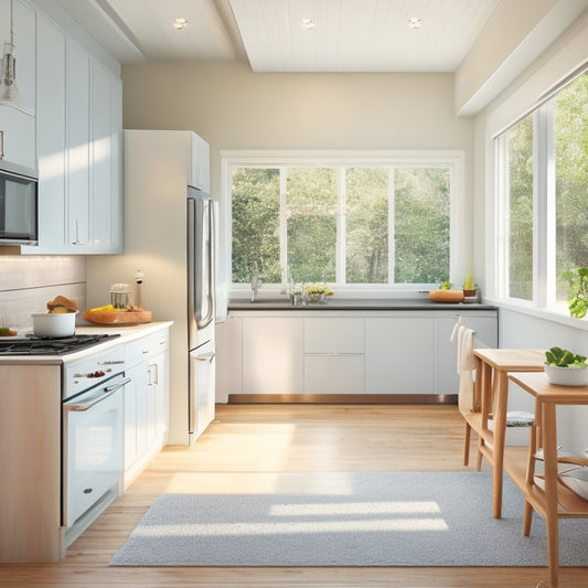 A bright, modern kitchen with creamy white IKEA cabinets, warm wood flooring, and sleek stainless steel appliances, surrounded by natural light pouring in through large windows.