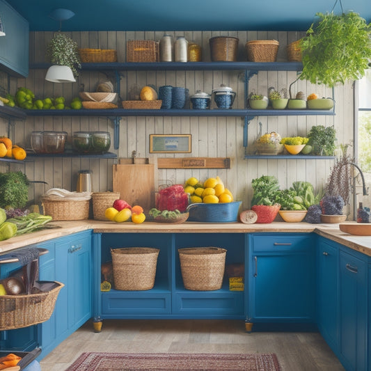 A tidy kitchen with a mix of open shelves and closed cabinets, featuring a variety of colorful fruits and vegetables in stylish baskets and containers, with a few conversion charts and guides subtly visible in the background.