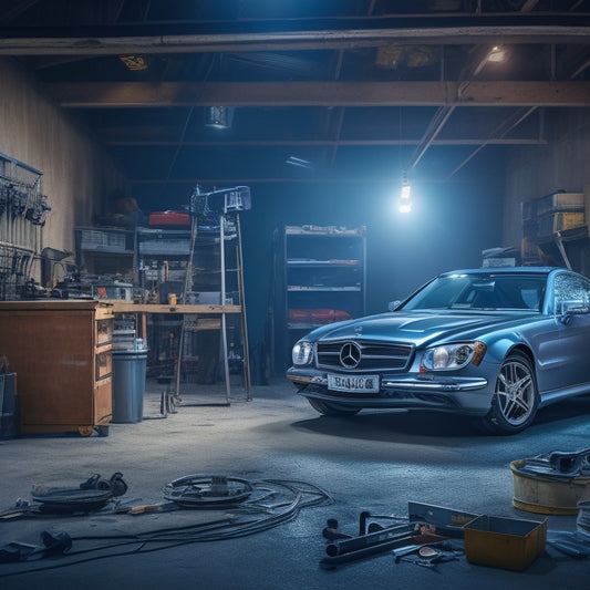 A sleek, silver Mercedes-Benz sits atop a messy garage workbench, surrounded by scattered tools, wires, and open car manuals, with a single, focused spotlight shining down on the scene.