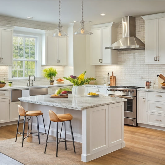 A bright, modern kitchen with sleek, white cabinets, stainless steel appliances, and a large, center island featuring a built-in cooktop, surrounded by utensils and ingredients, with a chef's hat on the counter.