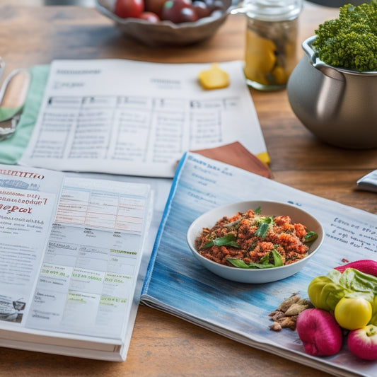 A cluttered kitchen counter with scattered keto diet books, crumpled recipes, and a messy calendar, contrasted with a clean and organized background featuring a single, tidy meal prep planner.