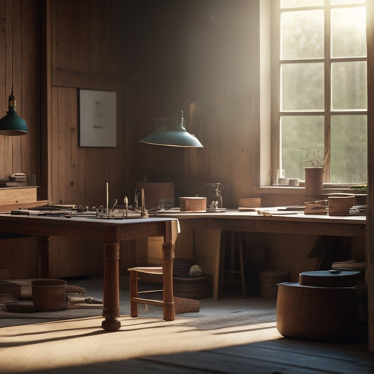 A serene, light-filled workshop with half-finished wooden furniture pieces, scattered sketches, and various tools, surrounded by rich wood tones, soft natural light, and subtle shadows.