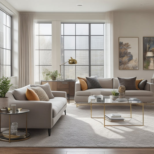 A modern, upscale living room with a neutral color palette, large windows, and sleek furniture, featuring a laptop and blueprints on a coffee table, surrounded by scattered design magazines.