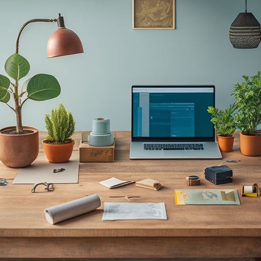 A minimalist illustration of a person sitting at a desk, surrounded by crafting tools and materials, with a laptop open to an Etsy shop page in the background, and a subtle money tree growing out of the desk.