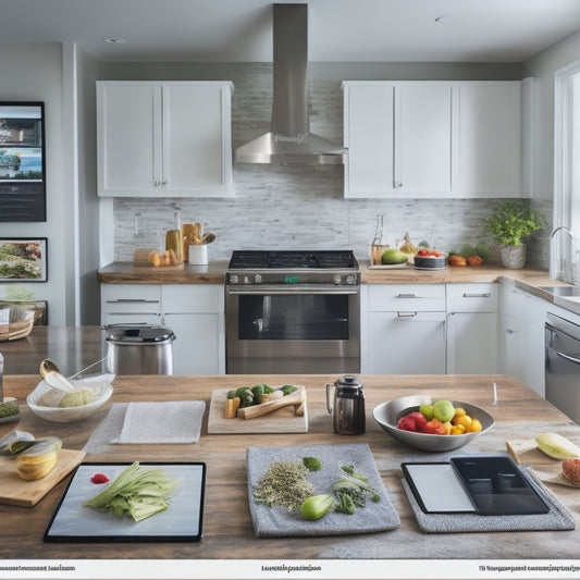 A modern kitchen with sleek countertops, a large island, and stainless steel appliances, cluttered with papers, recipe books, and scattered ingredients, contrasted with a tablet displaying a organized digital recipe and meal planning interface.