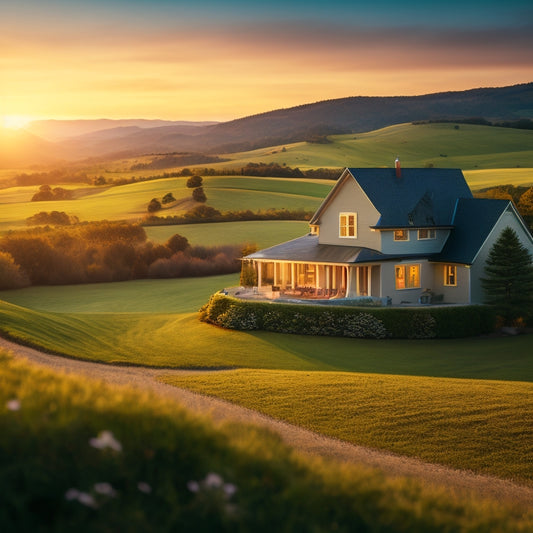 A serene landscape of rolling hills and countryside homes at sunset, with a subtle magnifying glass overlay, focusing on a single house with a "For Sale" sign.