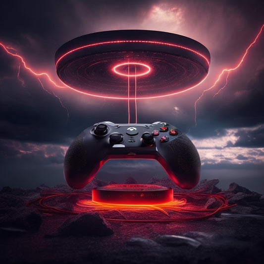A darkened Xbox console with a glowing red ring of death encircling it, surrounded by shattered discs and twisted wires, amidst a backdrop of ominous, swirling clouds.
