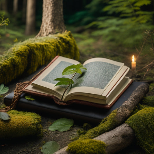A serene forest scene with a leather-bound journal lying open on a moss-covered log, surrounded by scattered leaves, twigs, and a few delicate watercolor paints.