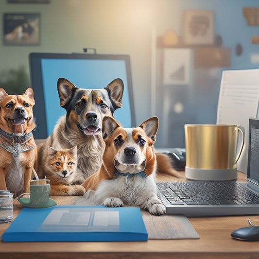 A stylized illustration of a pet business owner surrounded by organized files, a tidy desk, and a laptop with a calendar open, set against a blurred background of happy pets playing.
