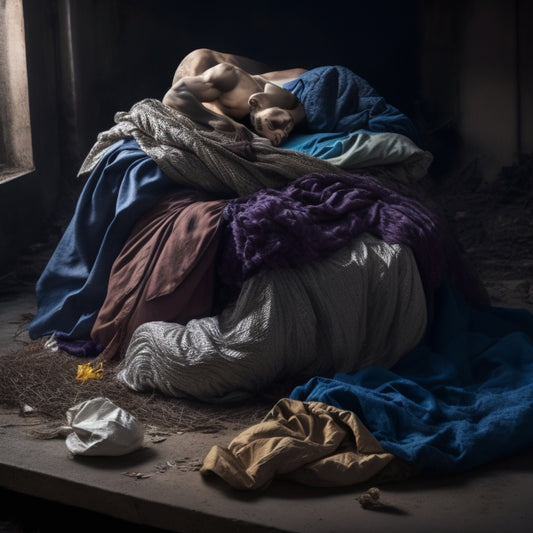 A dramatic, contrasting image featuring a crumpled, worn-out fast fashion garment in the foreground, surrounded by a whirlwind of discarded, tangled clothes, with a serene, sustainable fashion piece in the calm background.