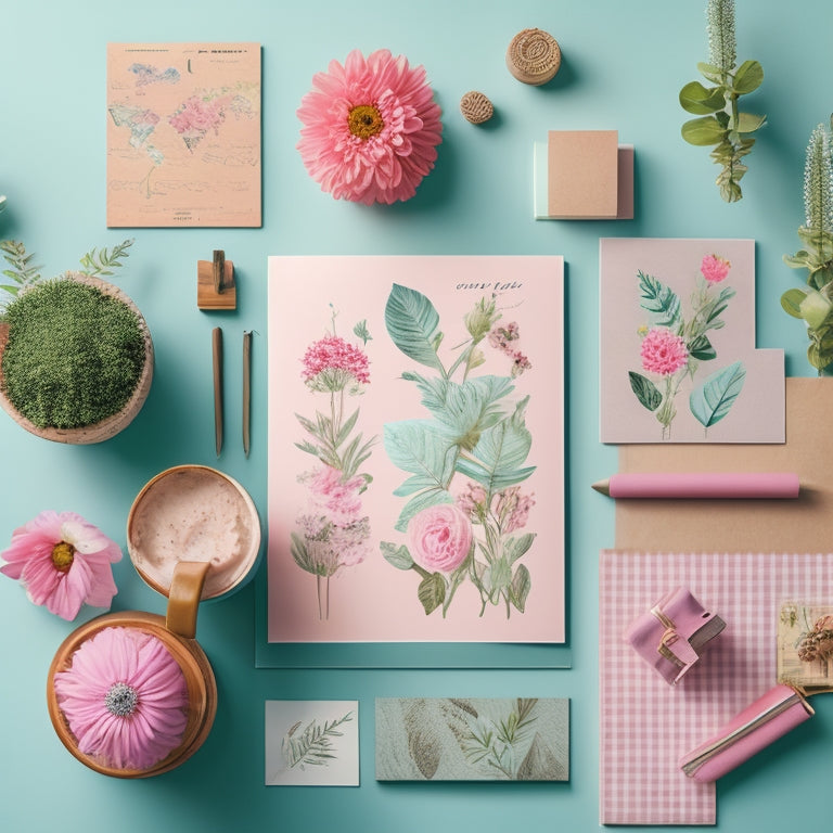 A vibrant, pastel-hued illustration featuring a mix of trendy printables, including minimalist art, botanical illustrations, and customizable planners, scattered across a rustic wooden desk or vintage-inspired background.