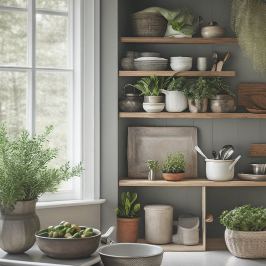 A serene, well-organized kitchen with a few, carefully selected cookbooks on a wooden shelf, a utensil organizer on the counter, and a single, elegant vase with fresh greens on the island.