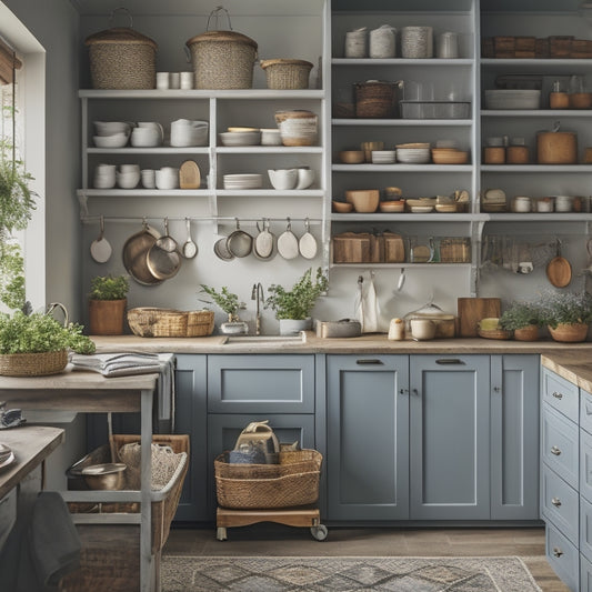 A tidy kitchen with a mix of open shelving and closed cabinets, featuring a utensil organizer, spice rack, hanging pots, a kitchen cart, and a few strategically placed baskets and bins.