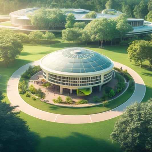 An illustration of a futuristic school campus with sleek, modern buildings, surrounded by lush greenery, featuring a drone hovering above, surveilling the premises, and a robotic dog patrolling the grounds.