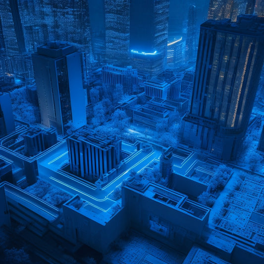 A maze with glowing blue pathways and dead ends, surrounded by puzzle pieces, gears, and cogs, with a subtle background of cityscape skyscrapers and a faint outline of a person navigating through.