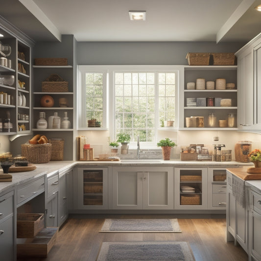 An organized kitchen with pull-out shelves, ergonomic handles, and a walk-in pantry with a seated workstation, illuminated by warm natural light and soft overhead lighting.