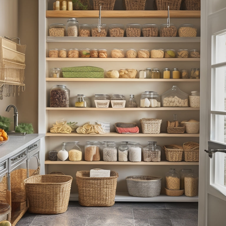 A warm and inviting pantry with organized shelves, filled with clear glass jars of flour, sugar, and pasta, alongside baskets of fresh fruits and vegetables, with a chalkboard background.