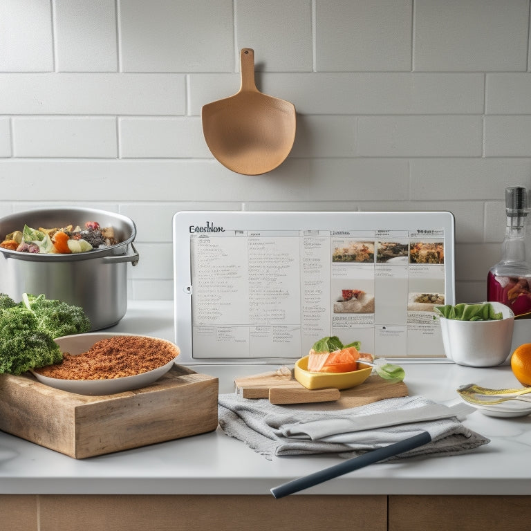 A cluttered kitchen counter with scattered recipe books, crumpled papers, and a jumbled mess of utensils, contrasted with a sleek, organized digital tablet mounted on the wall, displaying a tidy meal planning calendar.