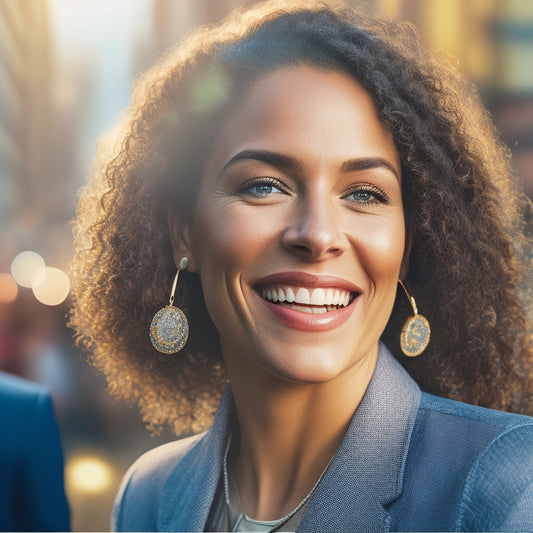 A warm, golden-lit illustration of Erica DAlessandro surrounded by diverse, smiling professionals, connected by sparkling threads, amidst a cityscape with subtle LinkedIn-blue accents.