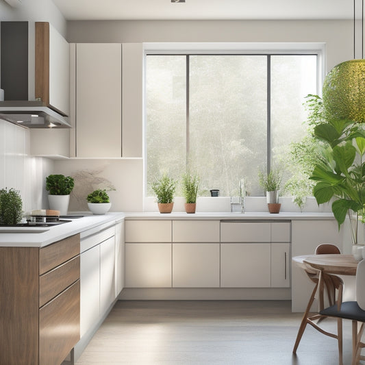 A modern, sleek kitchen with modular cabinets in a combination of matte white and rich walnut, surrounded by warm, natural light, and minimalist decor, with a few strategically placed green plants.