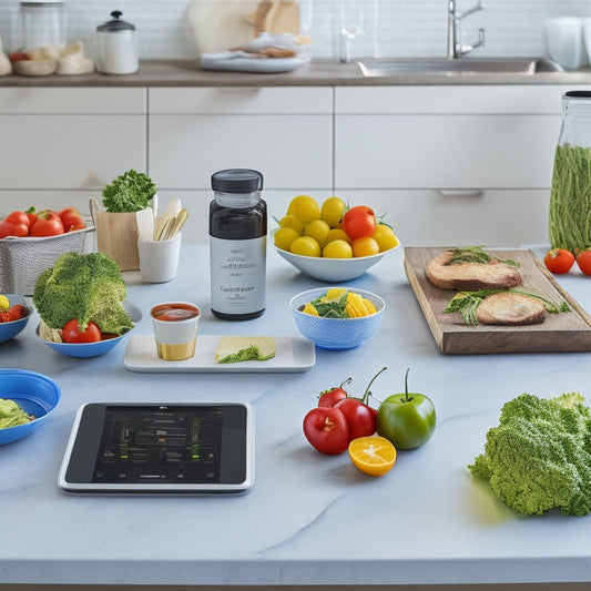 A tidy, modern kitchen countertop with a laptop and smartphone displaying meal planning apps, surrounded by colorful, portioned food containers and a few fresh ingredients like cherry tomatoes and basil leaves.