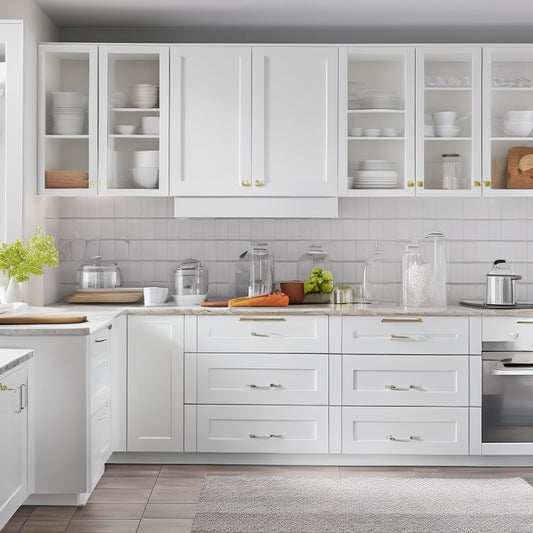 A bright, modern kitchen with sleek, white cabinets, pull-out drawers, and adjustable shelves, showcasing a perfectly organized interior with utensils, cookware, and dinnerware neatly arranged and easily accessible.