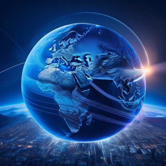 A stylized globe with glowing blue lines connecting major cities, surrounded by swirls of digital code and tiny shopping carts, with a subtle rocket ship trail emerging from the top.