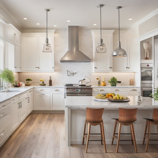 A warm, modern kitchen with sleek, white cabinets, rich wood accents, and stainless steel appliances, featuring a large center island with a built-in cooktop and pendant lights above.
