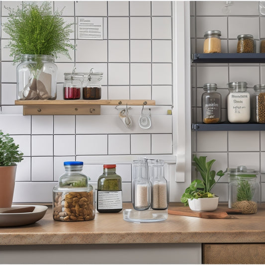 A tidy kitchen counter with a wooden pantry inventory tracker board, marked with colorful stickers, next to a few neatly labeled glass jars and a small potted herb plant.