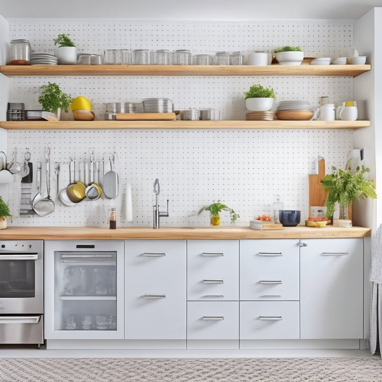 A bright, modern tiny kitchen with sleek white cabinets, a stainless steel sink, and a compact refrigerator, showcasing a pegboard with hanging utensils, a retractable drying rack, and a pull-out spice rack.