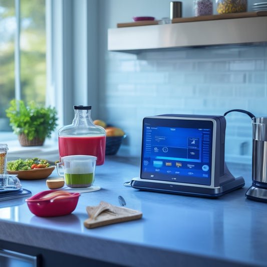 A modern kitchen counter with a sleek tablet displaying a digital recipe book, surrounded by a stand mixer, immersion blender, and cooking utensils, with a warm, inviting lighting.