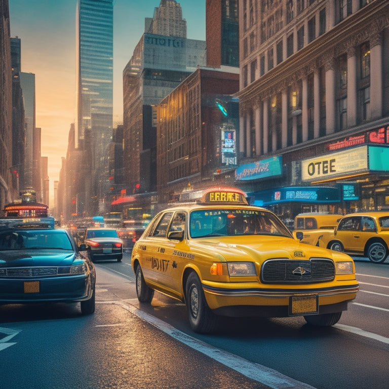 A vibrant illustration of a bustling New York City street at dusk, with iconic yellow cabs and bright neon signs, featuring a diverse array of eateries, from classic diners to trendy food trucks.