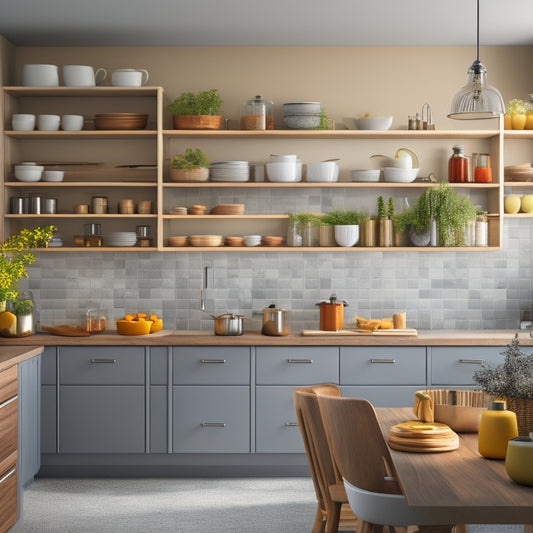 A bright, modern kitchen with sleek countertops, featuring a mix of wooden and metal utensil holders, a tiered spice rack, and a set of matching ceramic canisters, all arranged in a harmonious, clutter-free layout.