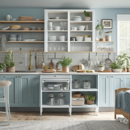 A tidy kitchen with a few strategically placed rental-friendly storage solutions, such as stackable shelves, adhesive hooks, and a cart with wheels, surrounded by a calm and serene atmosphere.