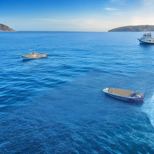 An illustration of a fishing boat on the open ocean, with a subtle grid of digital tracking symbols hovering above the water, surrounded by schools of fish with tiny QR codes implanted on their scales.