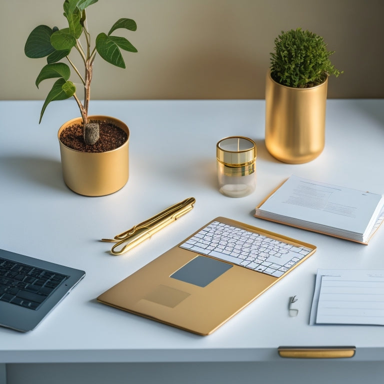 A serene, minimalist desk with a few, carefully arranged objects: a sleek laptop, a simple planner, a small potted plant, and a delicate, golden paperclip holding together a few, color-coded documents.