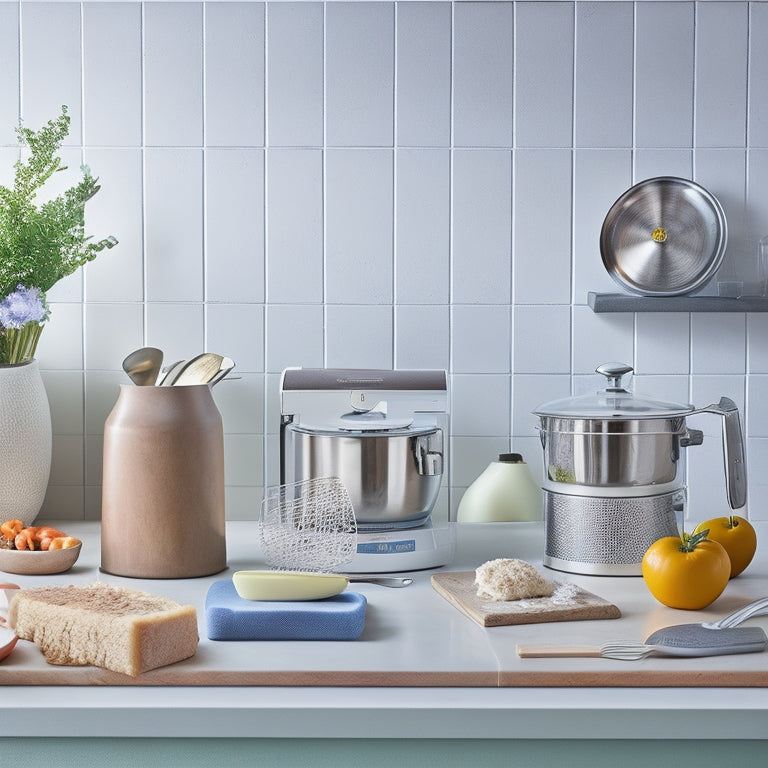 A clutter-free kitchen counter with a sleek stand mixer, a stainless steel chef's knife, a silicone utensil holder, and a few neatly arranged cookbooks, set against a warm, creamy background.