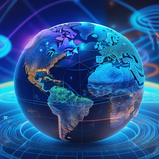 An abstract illustration featuring a 3D globe with glowing blue circuits and wires underneath, surrounded by swirling arrows and puzzle pieces, with a subtle gradient of commerce-related icons.