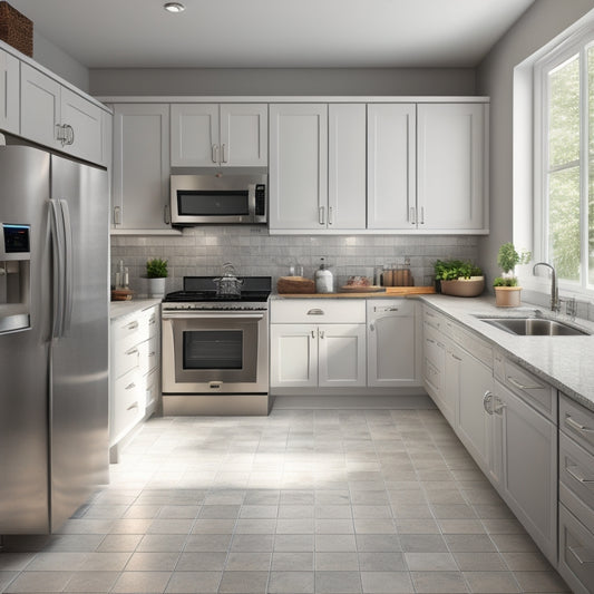 A modern kitchen layout with white cabinets, gray countertops, and stainless steel appliances on a light wood floor, surrounded by a faint grid and measurement lines.