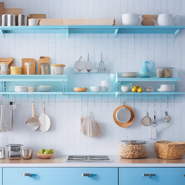 A bright and airy kitchen with a mix of open and closed storage, featuring a pegboard with hanging utensils, a tiered countertop organizer, and a utensil-filled ceramic jar on a clean countertop.